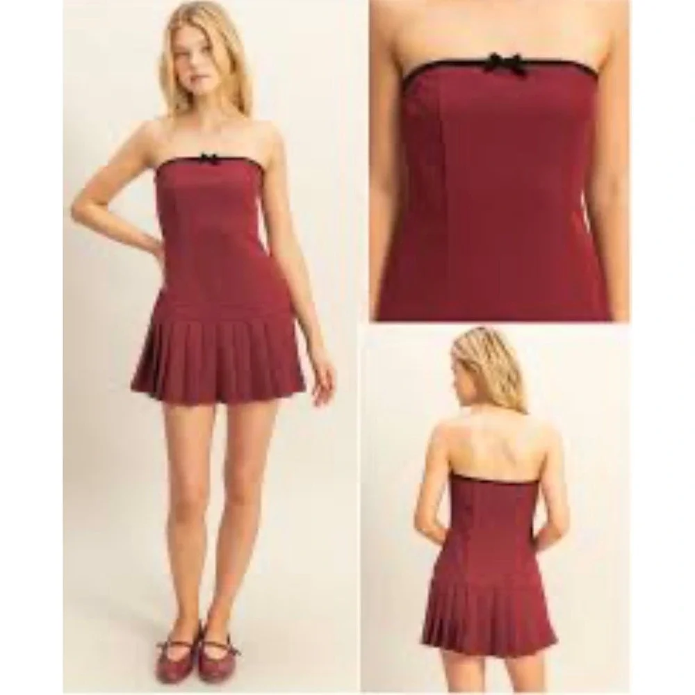 Hyfve Womens Strapless Pleated Mini Dress Burgundy‎ Velvet Trim Bow Size Small